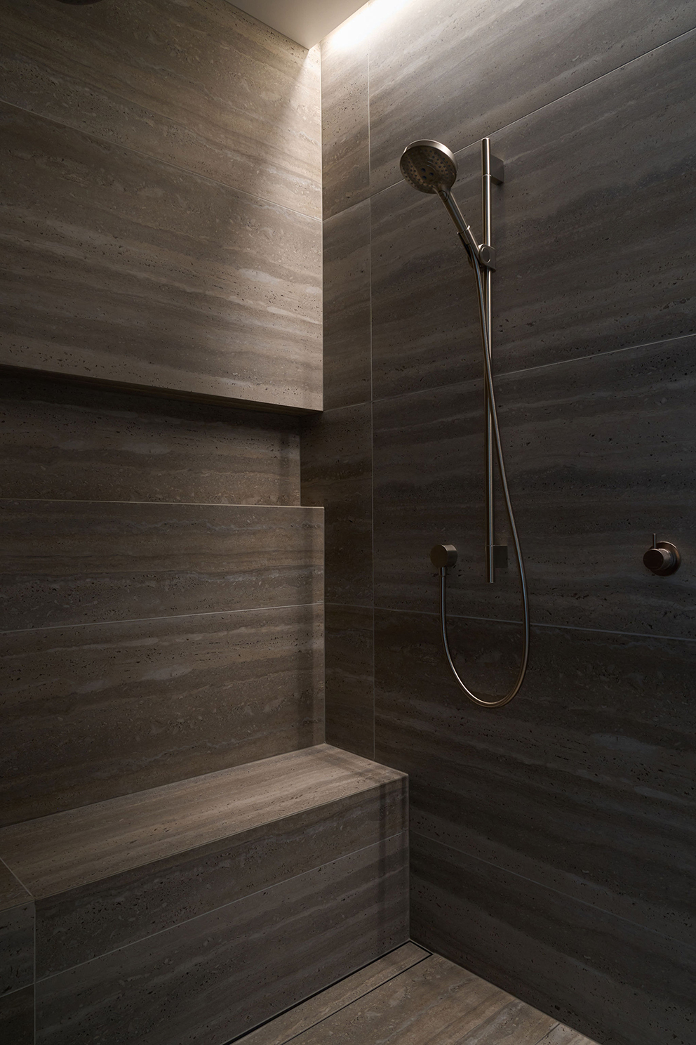 Travertine Dream — bathroom by Michelle Lamb Interior Architecture, Canterbury — NKBA Excellence in Design 2025
