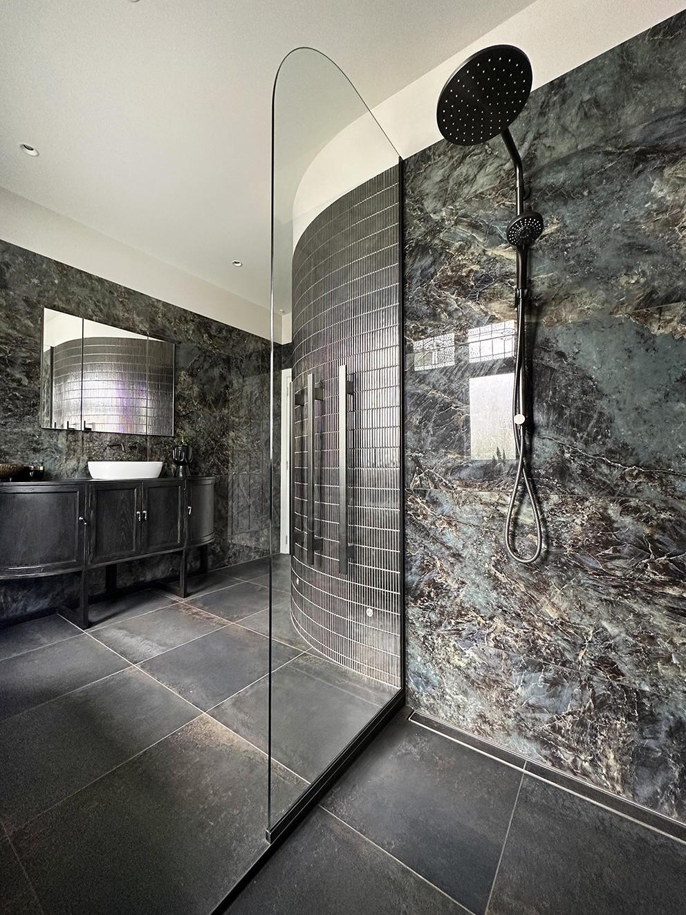 Moody Sanctuary — bathroom by Spaces Ink Design, Canterbury — NKBA Excellence in Design 2025